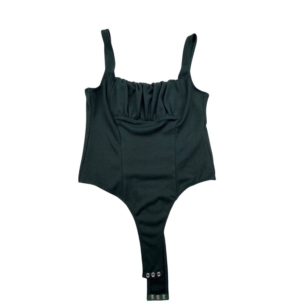 Capulet Bodysuit Women M Green Ribbed Ruched Bust Square Neck Sleeveless Thong